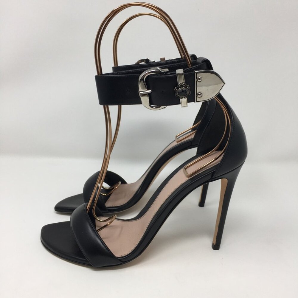 Alexander McQueen 4" Heels Medieval Buckle Sandal Size 37 Black Leather - Picture 9 of 16